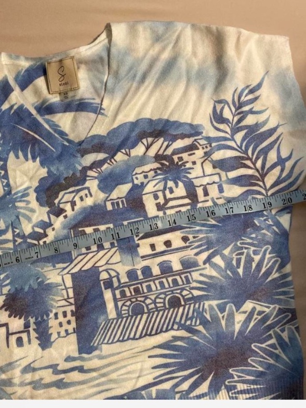 Sioni Blue & White Tropical Print V-Neck Sweater Sz L